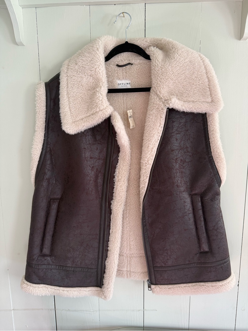 NWT OFFLINE by Aerie Faux Shearling Moto Vest Brown Cream Sherpa Size Large